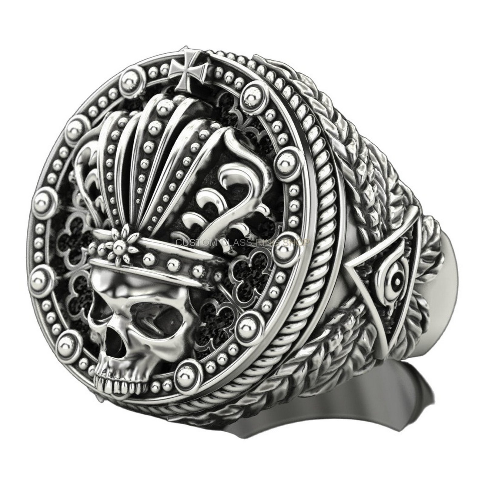 Mens sterling silver crowned skull ring, front three-quarter perspective