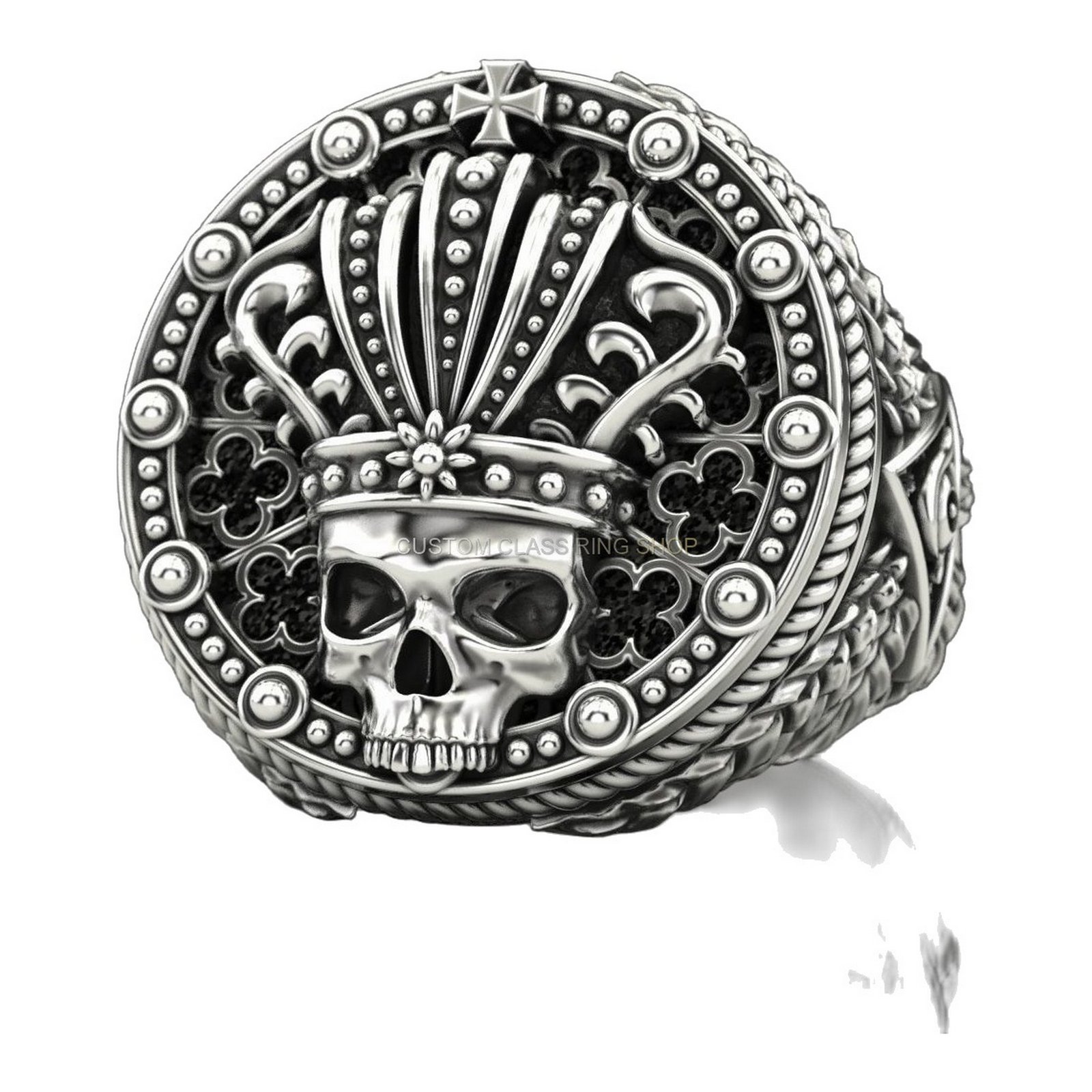 Mens sterling silver crowned skull ring, straight front-facing centered view