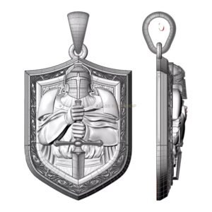 Mens sterling silver knight pendant with armored warrior and sword