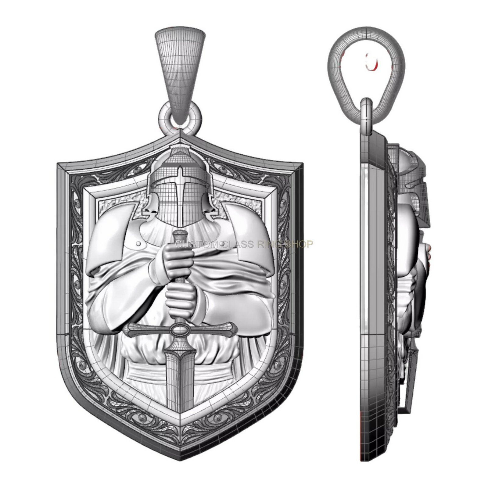 Mens sterling silver knight pendant with armored warrior and sword