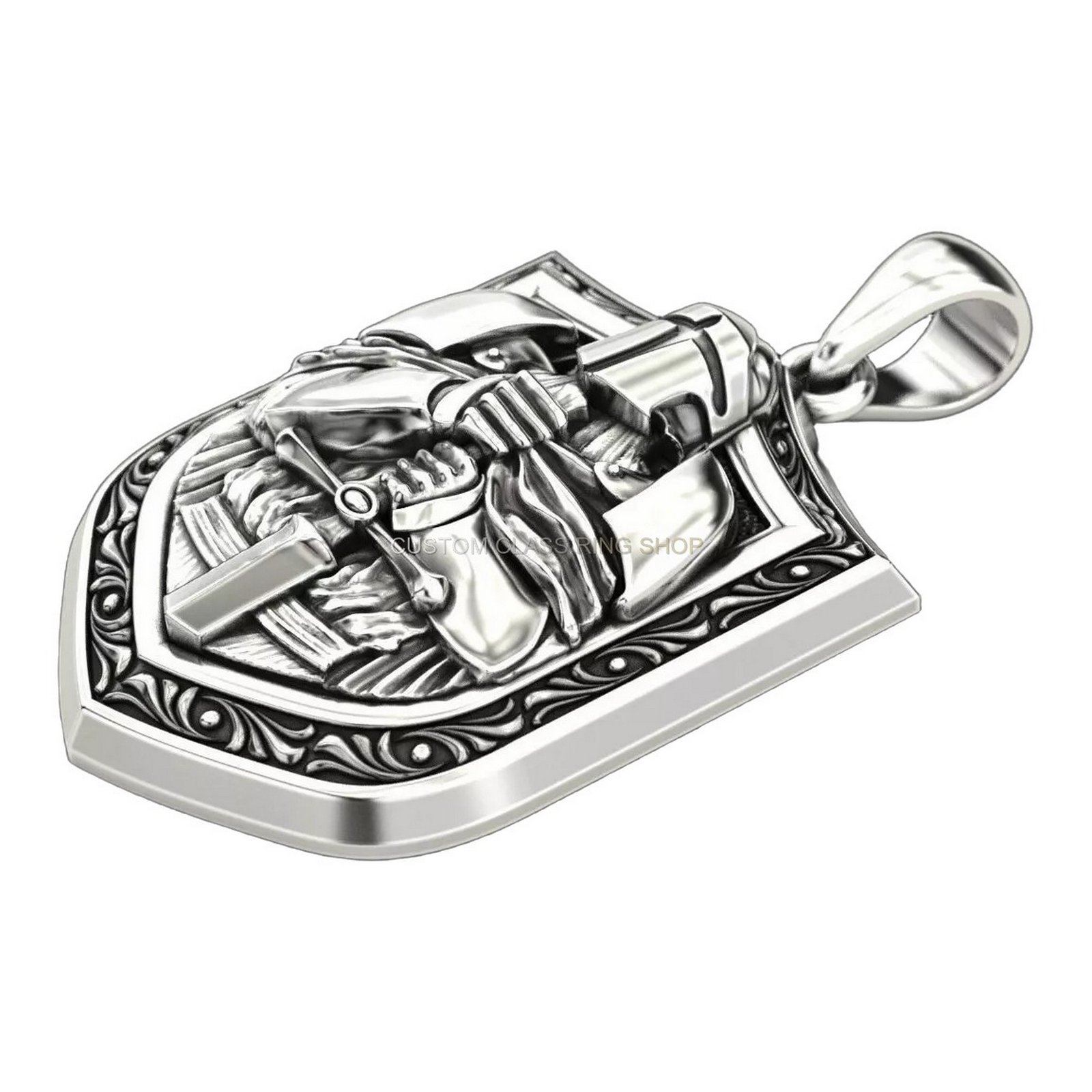 Mens sterling silver knight pendant with armored warrior and sword
