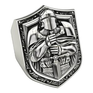 Men's sterling silver samurai signet ring with detailed warrior and ornate frame