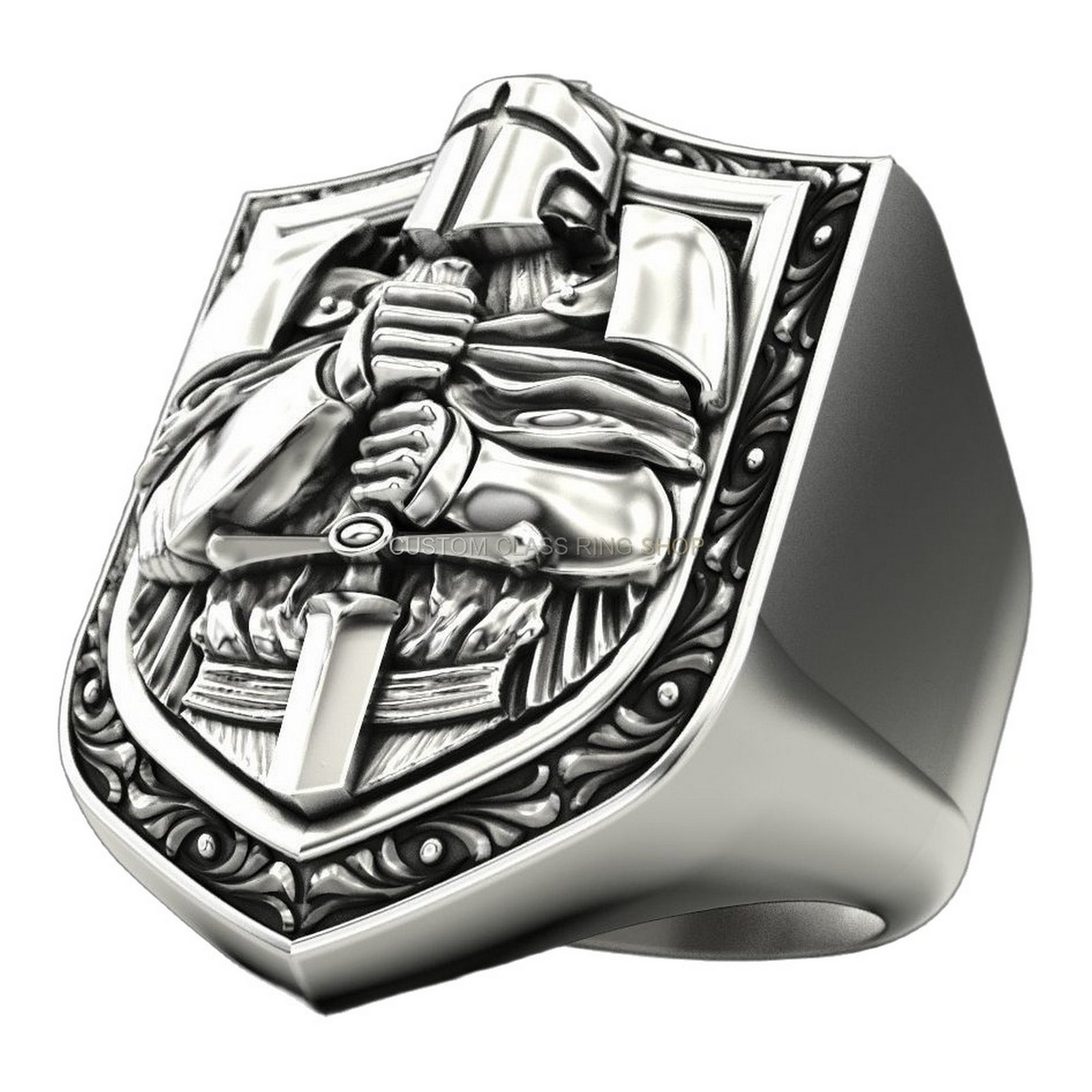 Men's sterling silver samurai signet ring with detailed warrior and ornate frame