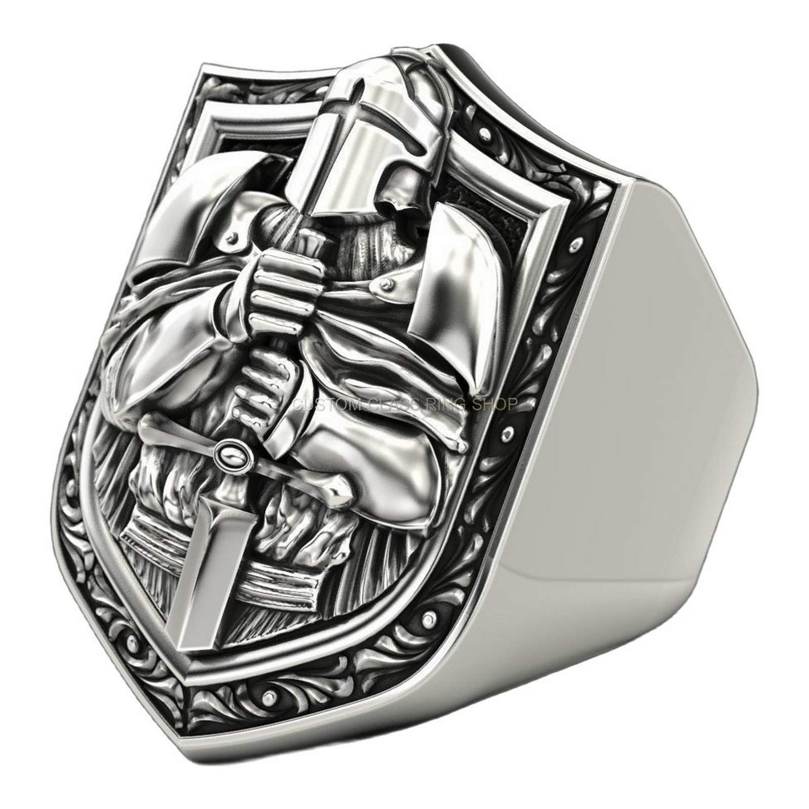 Men's sterling silver samurai signet ring with detailed warrior and ornate frame