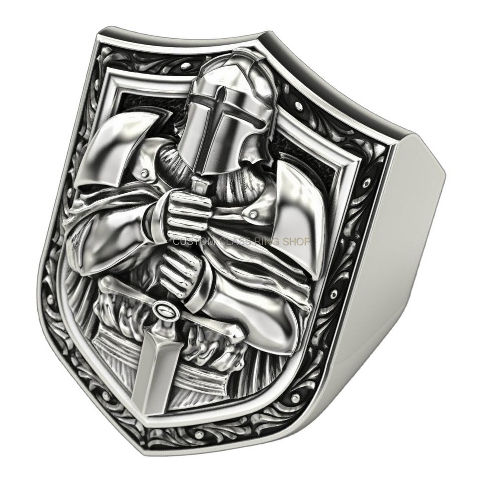 Men's sterling silver samurai signet ring with detailed warrior and ornate frame