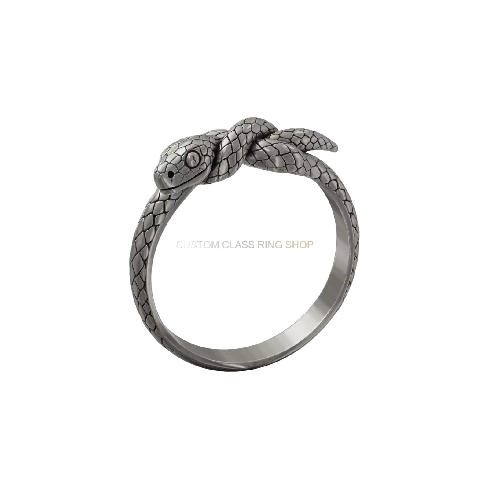 Sterling silver knotted snake ring, left side profile showing serpent coil
