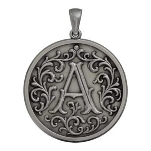 Sterling silver baroque letter round pendant with ornate scrollwork frame