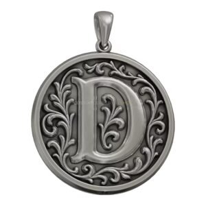 Baroque letter D round sterling silver pendant, polished sterling silver letter D baroque design