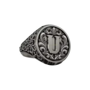 Vintage ornament letter signet ring sterling silver with monogram