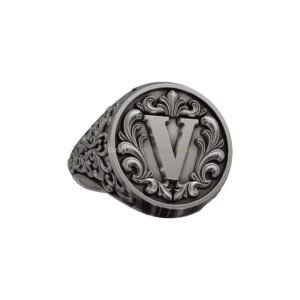 Letter V ornamental signet ring sterling silver with acanthus border