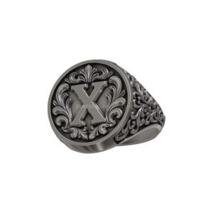 Letter X scrollwork sterling silver signet ring with acanthus leaf ornament
