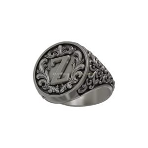 Letter Z ornamental sterling silver signet ring with baroque acanthus frame