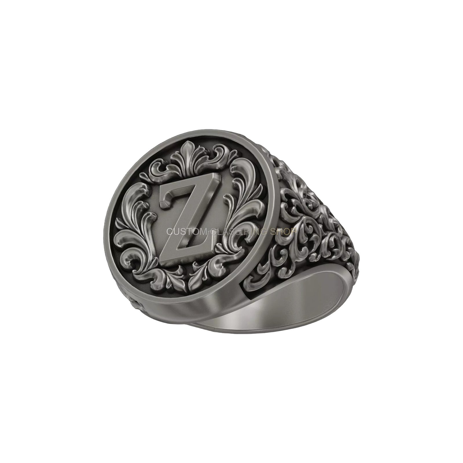 Letter Z ornamental sterling silver signet ring, side profile showing band