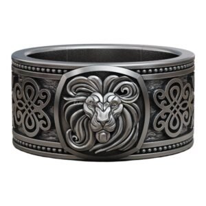 Sterling silver lion face statement ring with beaded border and scrollwork