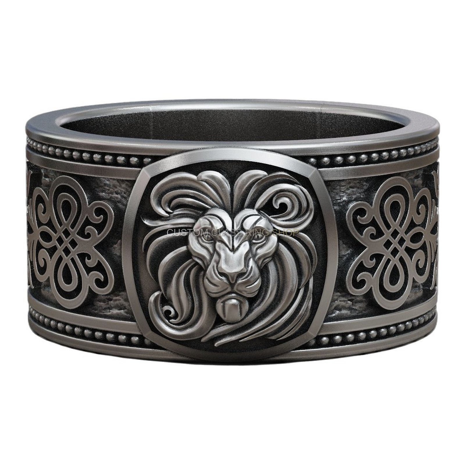 Sterling silver lion face statement ring with beaded border and scrollwork