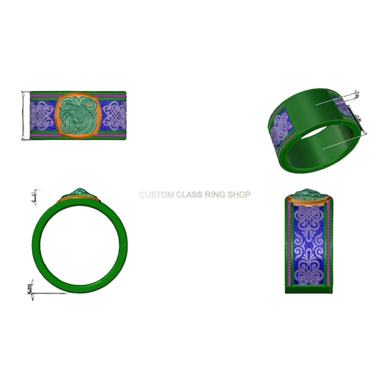Sterling silver lion face statement ring with beaded border and scrollwork