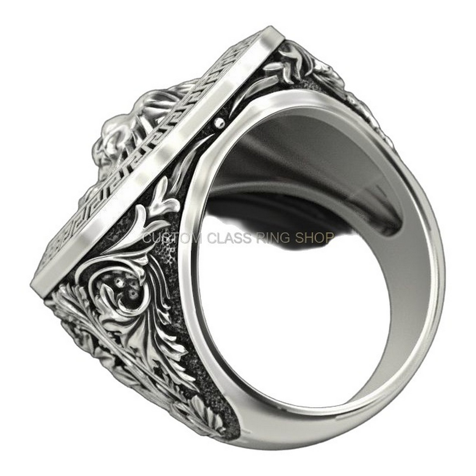 Mens sterling silver lion signet ring with ornate Greek key border