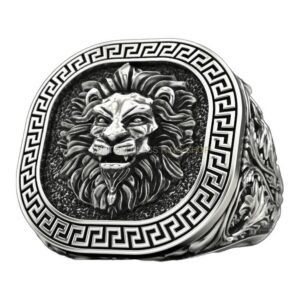 Mens sterling silver lion signet ring with ornate Greek key border