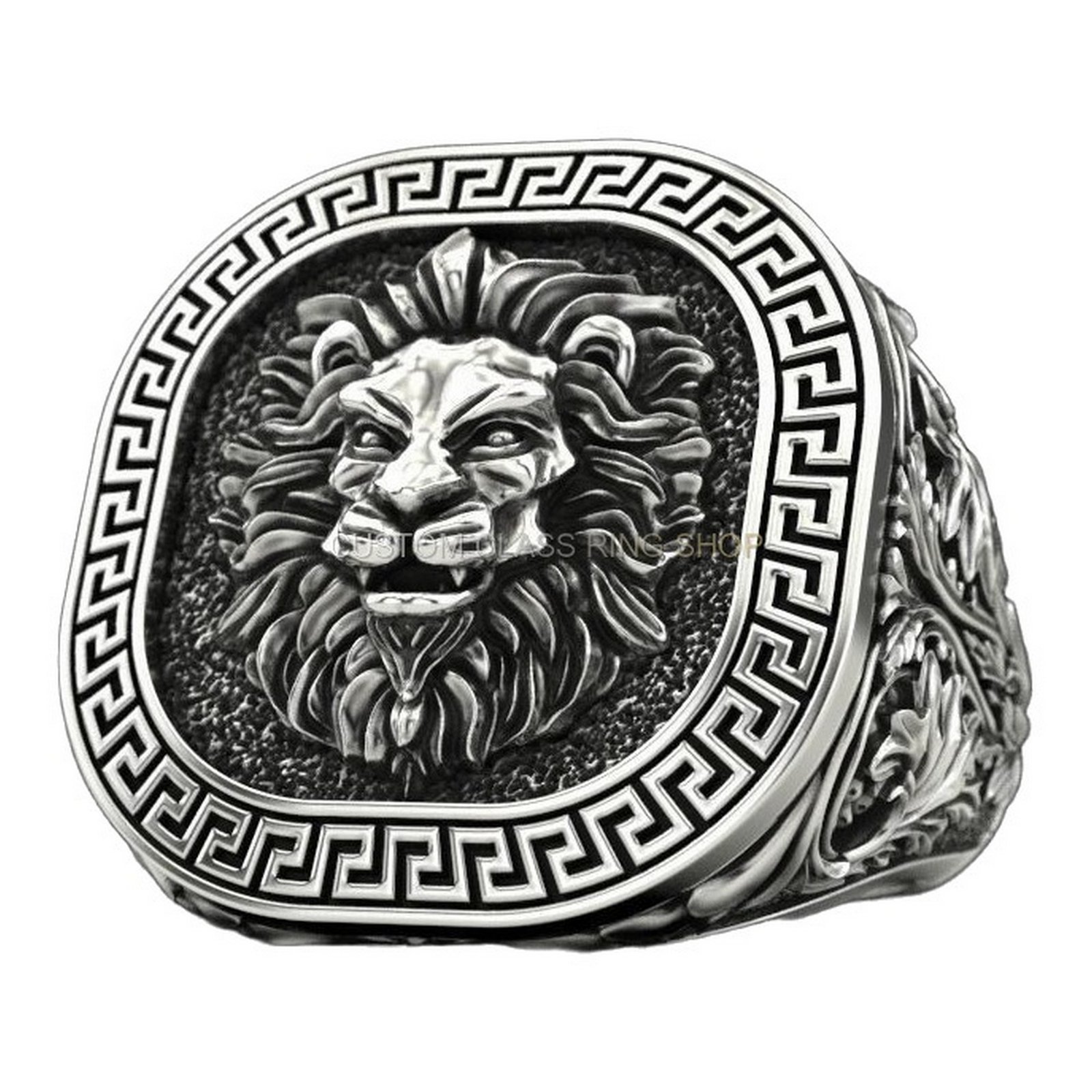 Mens sterling silver lion signet ring with ornate Greek key border
