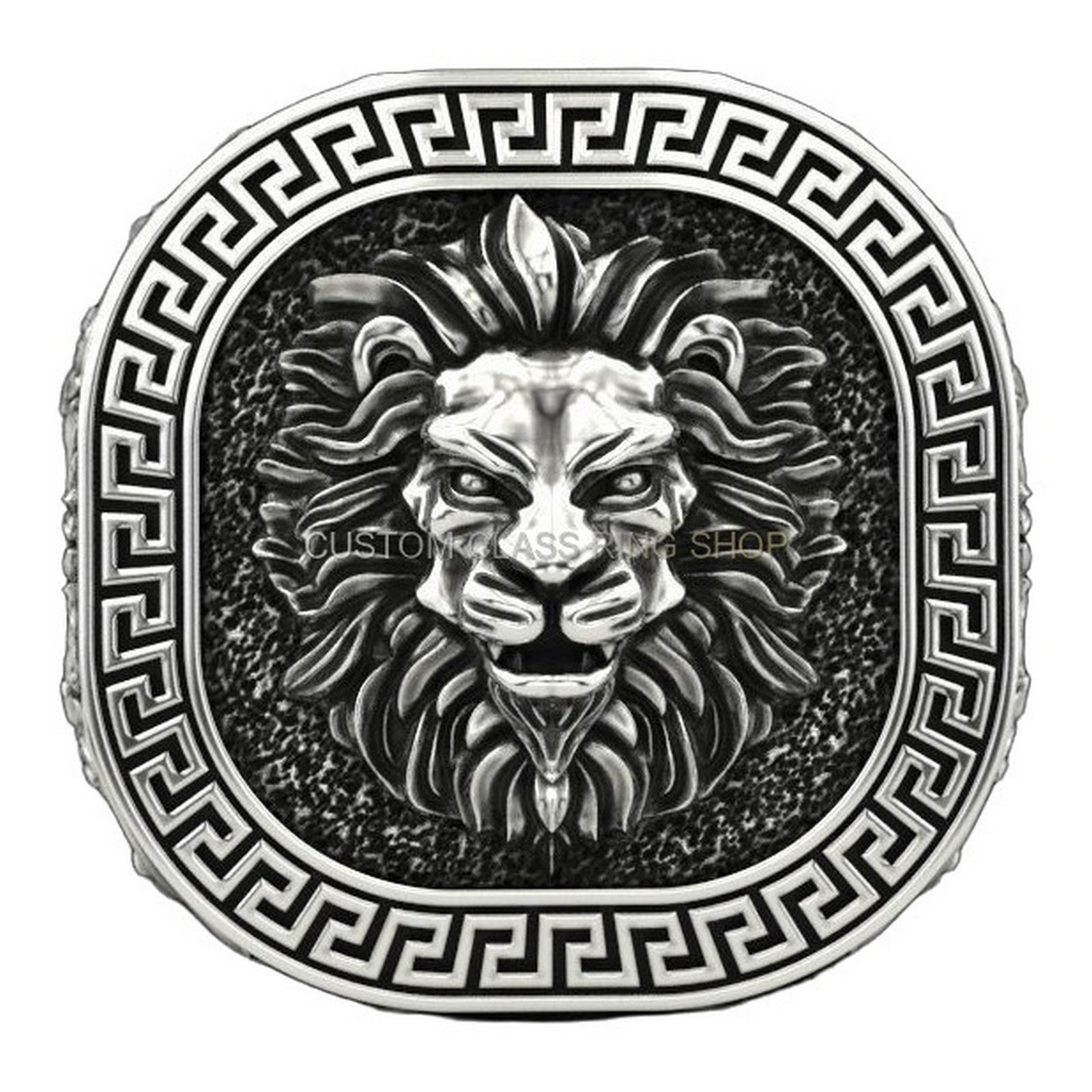 Mens sterling silver lion signet ring with ornate Greek key border