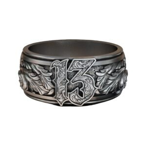 Sterling silver baroque lucky number ring with ornate numerals and acanthus leaf engravings
