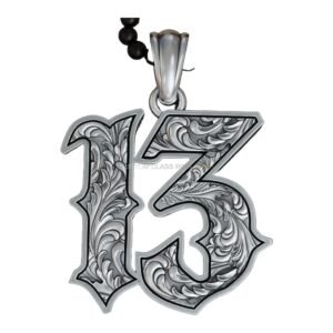 Baroque lucky number thirteen sterling silver pendant with acanthus leaf frame