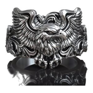 Gothic eagle sterling silver signet ring with baroque acanthus frame