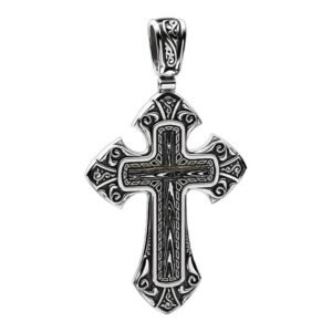 mens sterling silver ornate cross pendant with baroque filigree frame