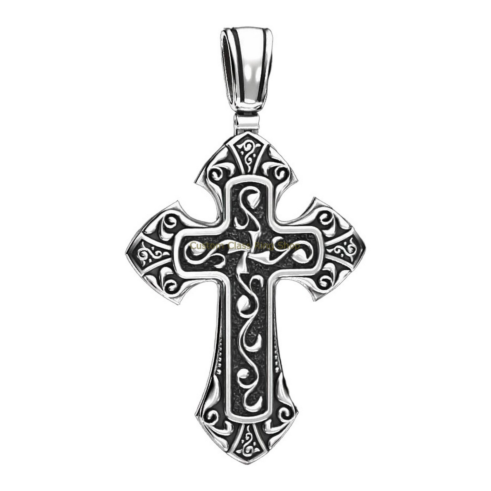 Mens sterling silver ornate cross pendant, three-quarter angled view