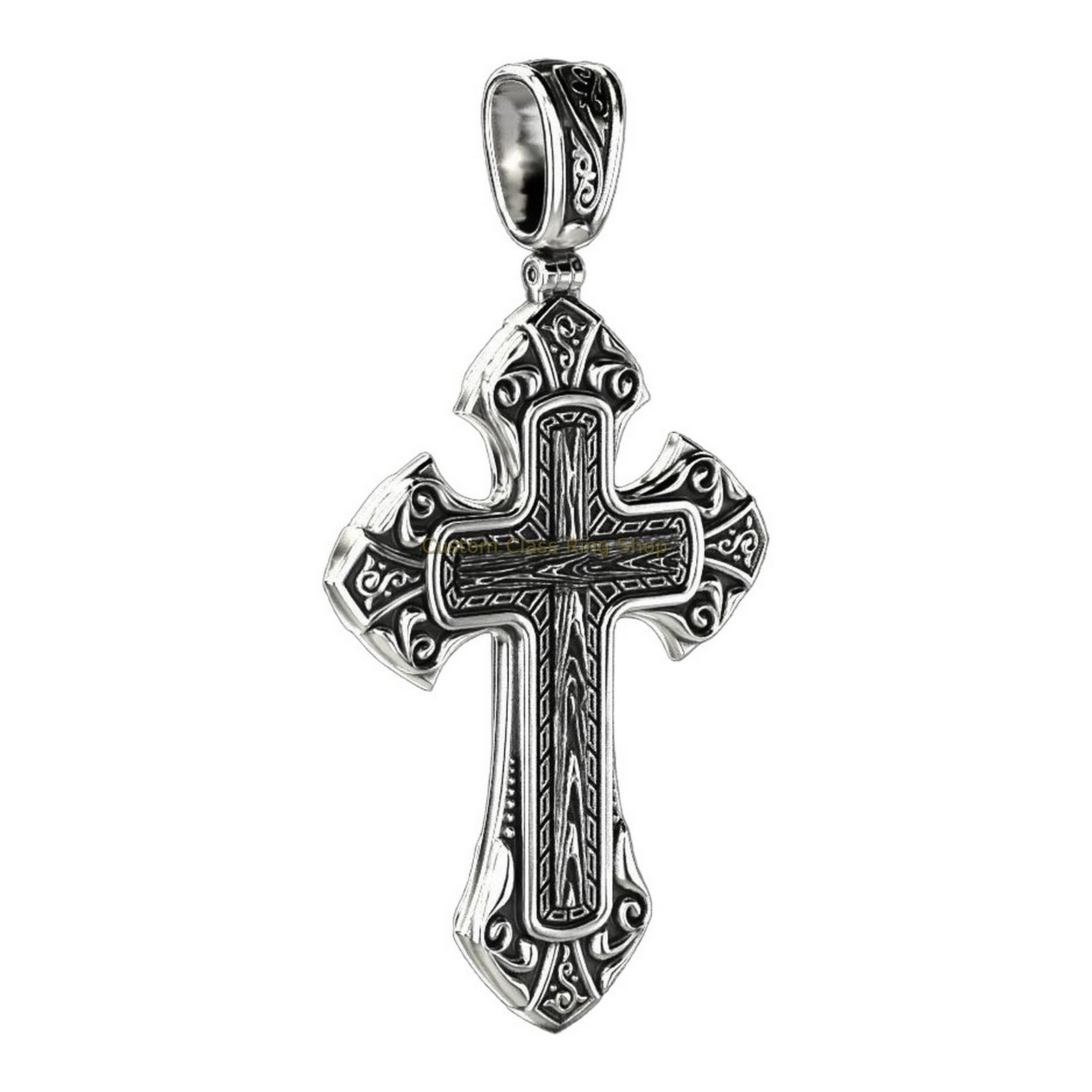 Mens sterling silver ornate cross pendant, product photography side angle
