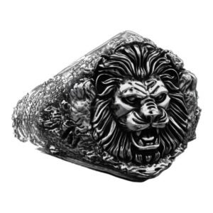 Mens sterling silver lion signet ring with textured rocky band