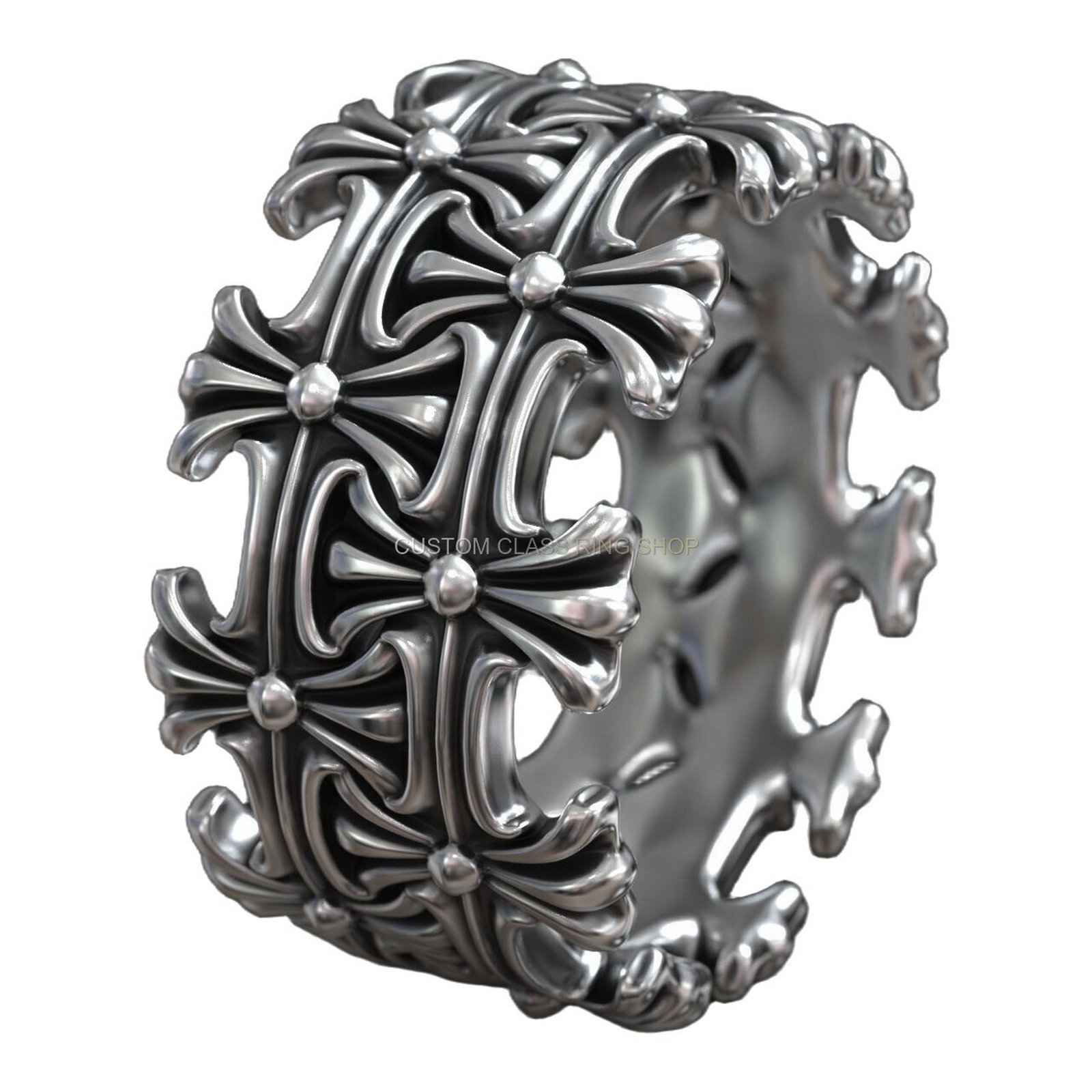Sterling silver maltese cross biker ring, left three-quarter angled profile