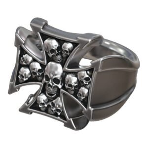 Maltese heraldic cross skull heads biker ring 925 oxidized silver