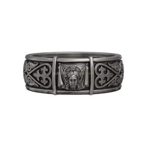 Sterling silver mandylion holy face ring with scrollwork border