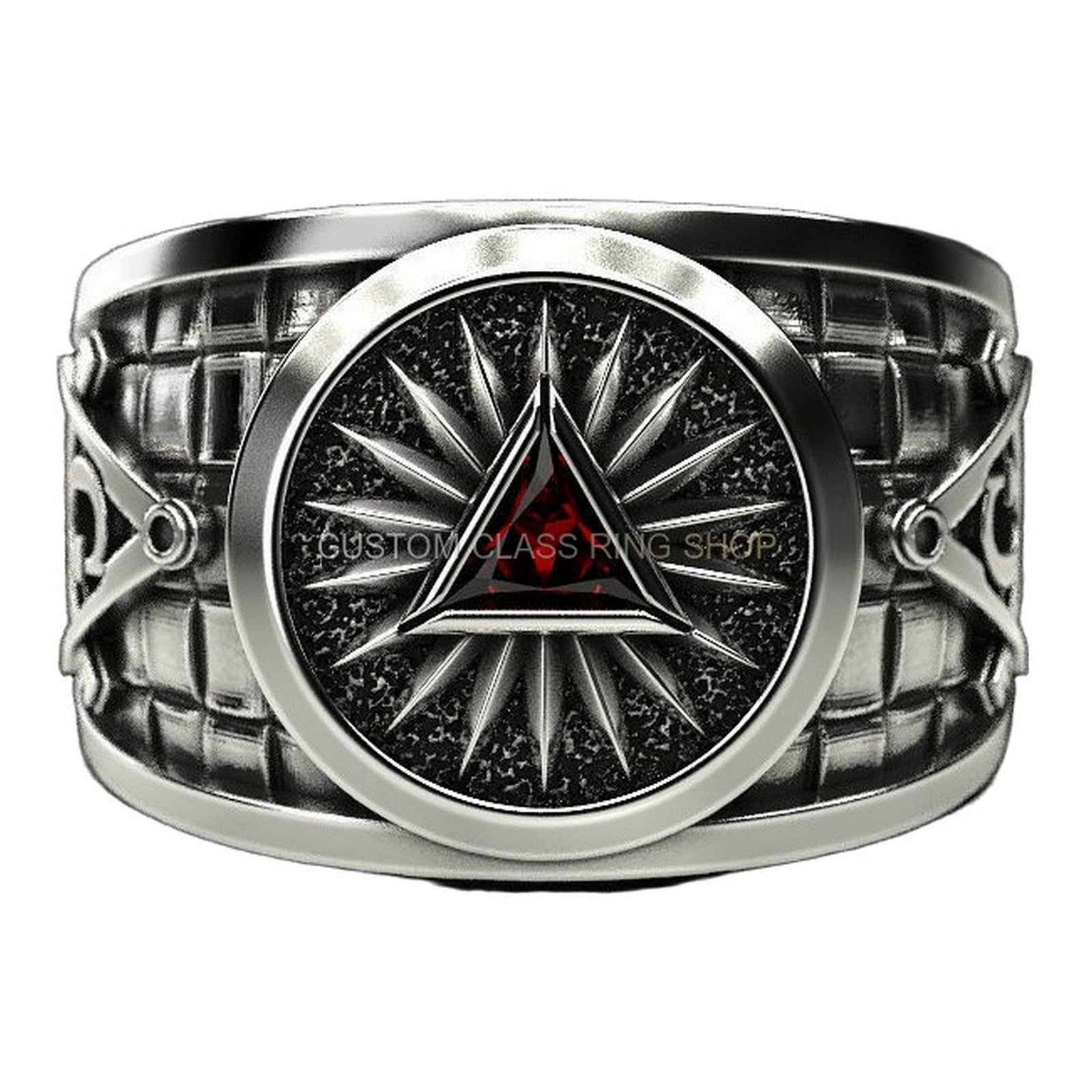 Mens sterling silver masonic ring, top angled view showing checkered band detail