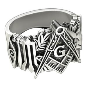 Mens sterling silver masonic signet ring with ornate scrollwork