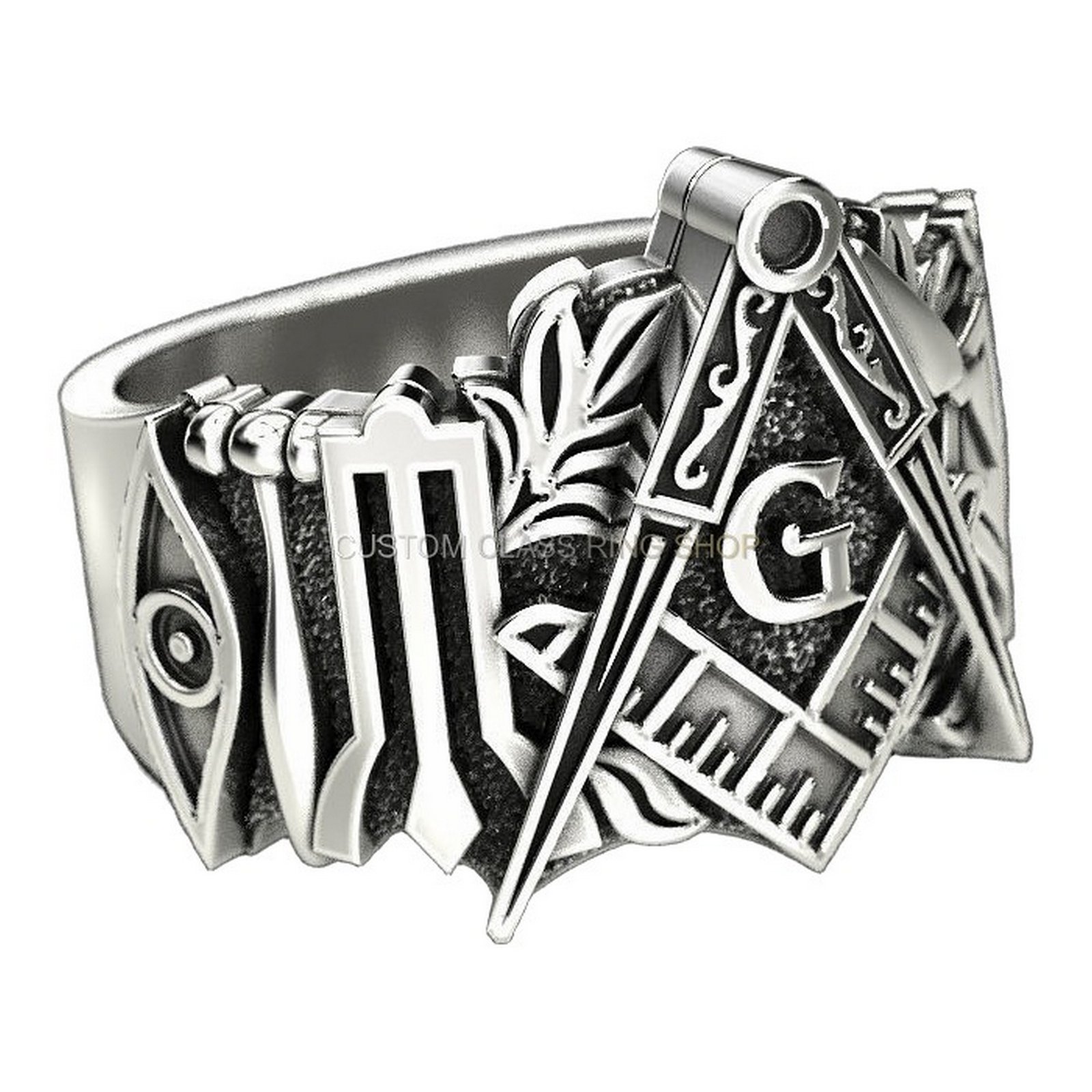 Mens sterling silver masonic signet ring, left three-quarter angle