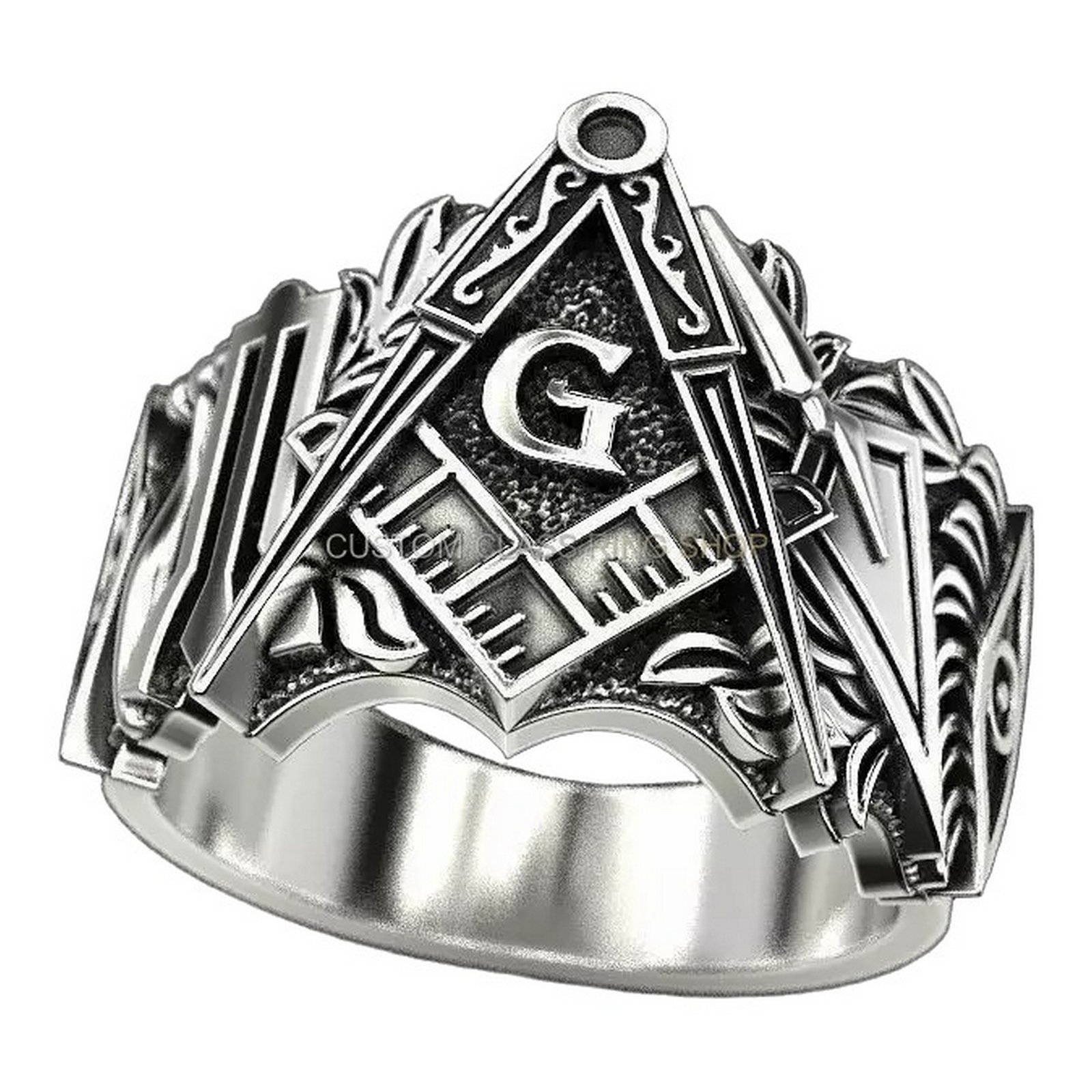 Mens sterling silver masonic signet ring with ornate scrollwork