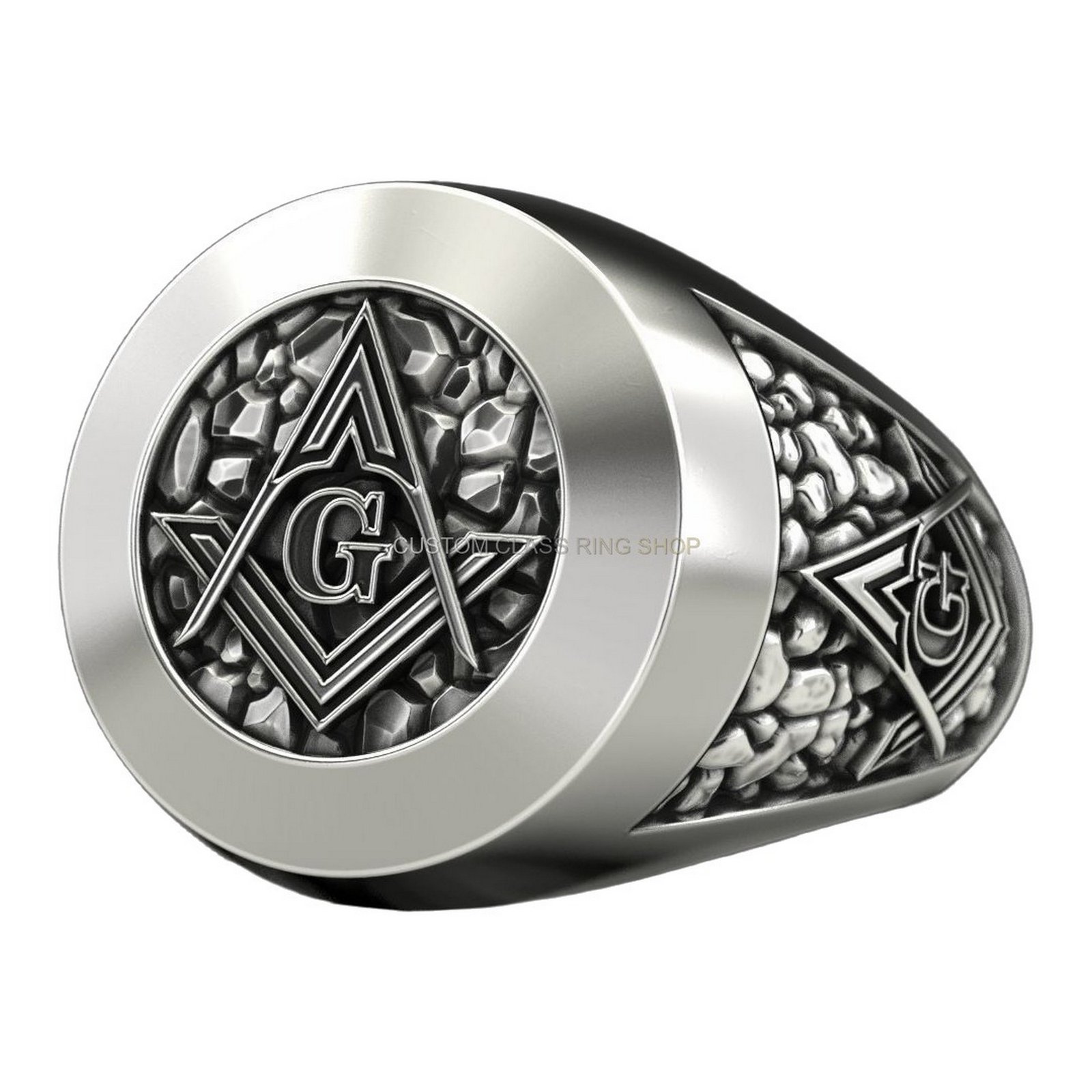 Mens oxidized silver masonic ring, angled three-quarter view