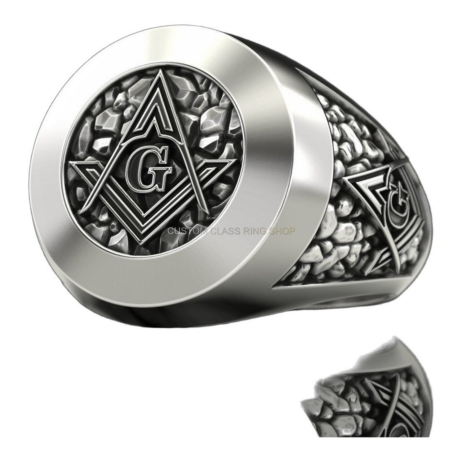 Mens oxidized silver masonic ring, angled top-down view