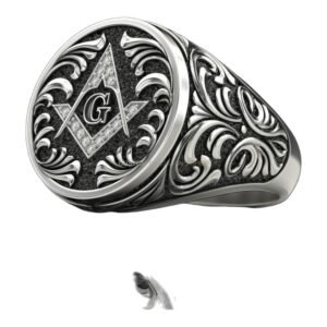 Mens sterling silver masonic signet ring with Square and Compass and G symbol, oxidized 925 silver