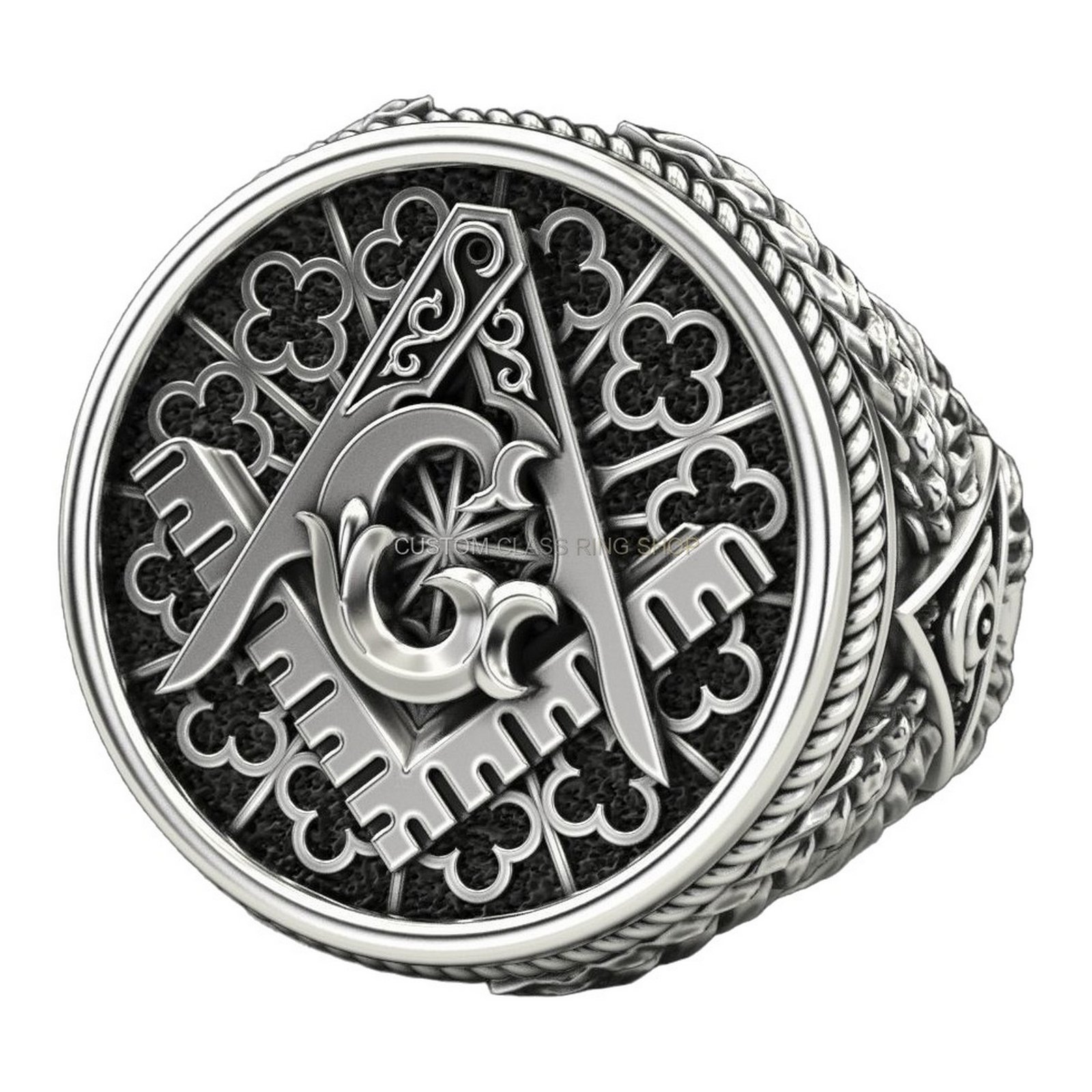 Mens oxidized sterling silver masonic ring, front face with band visible