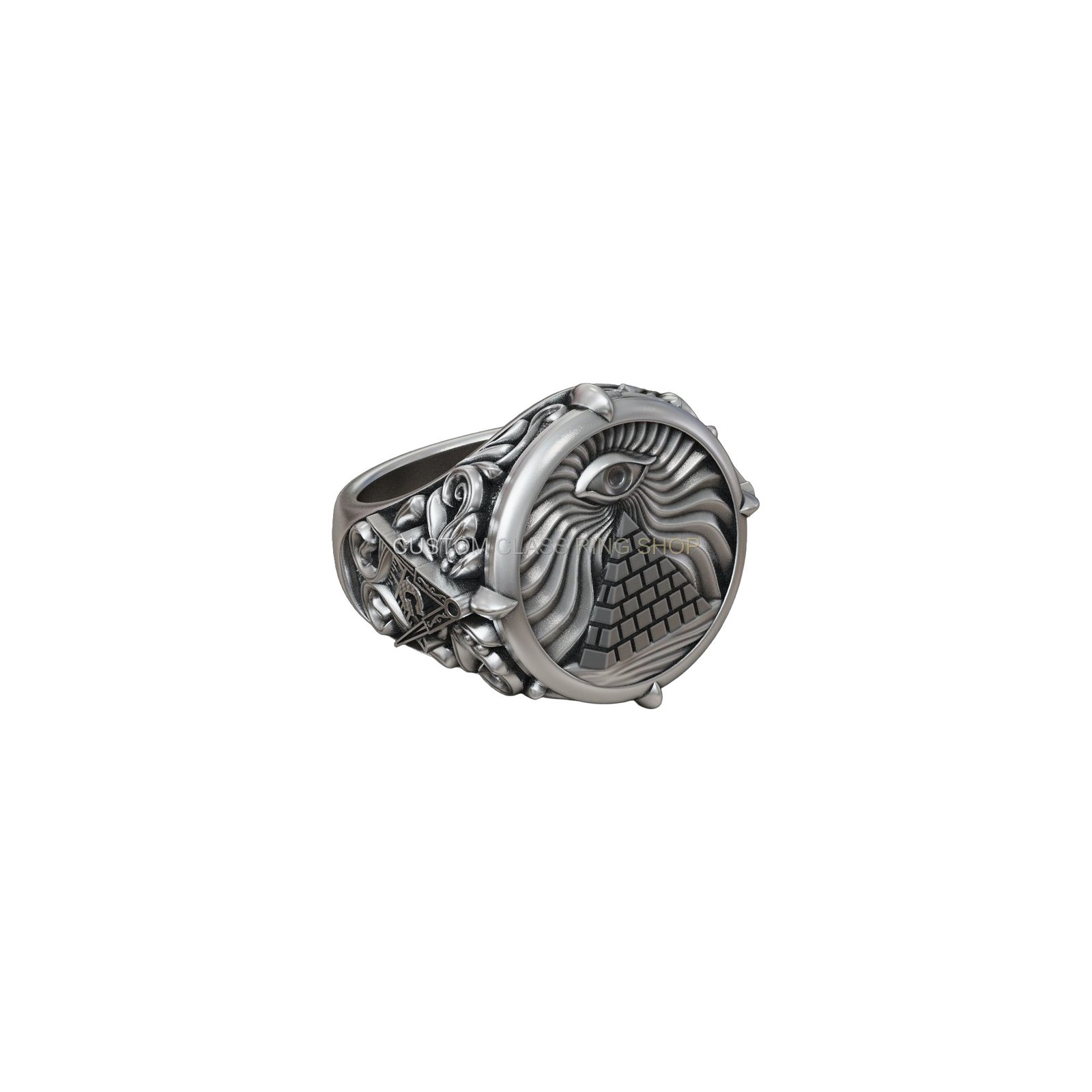 Sterling silver masonic all-seeing eye pyramid ring with ornate filigree