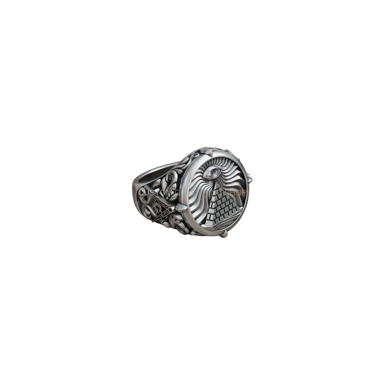 Sterling silver masonic all-seeing eye ring, top view detail close