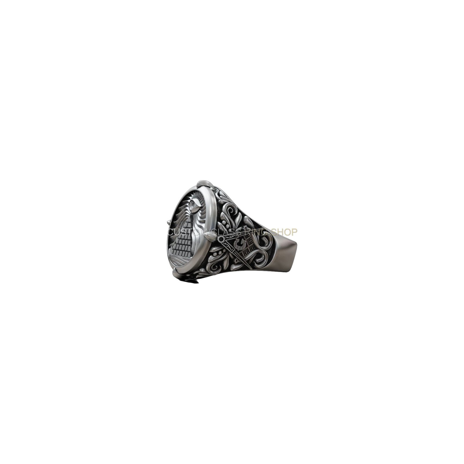 Sterling silver masonic all-seeing eye pyramid ring with ornate filigree