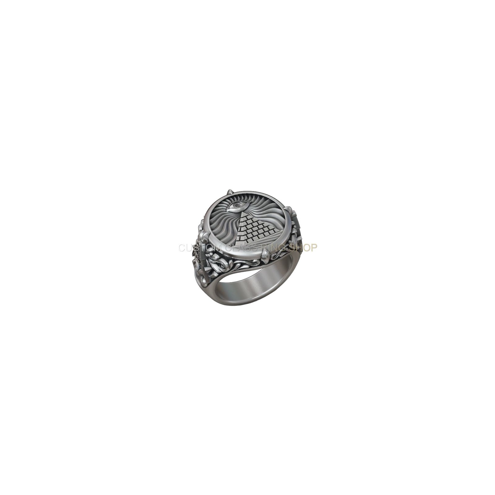 Sterling silver masonic all-seeing eye pyramid ring with ornate filigree