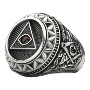 Sterling silver all seeing eye pyramid ring, angled three-quarter side view