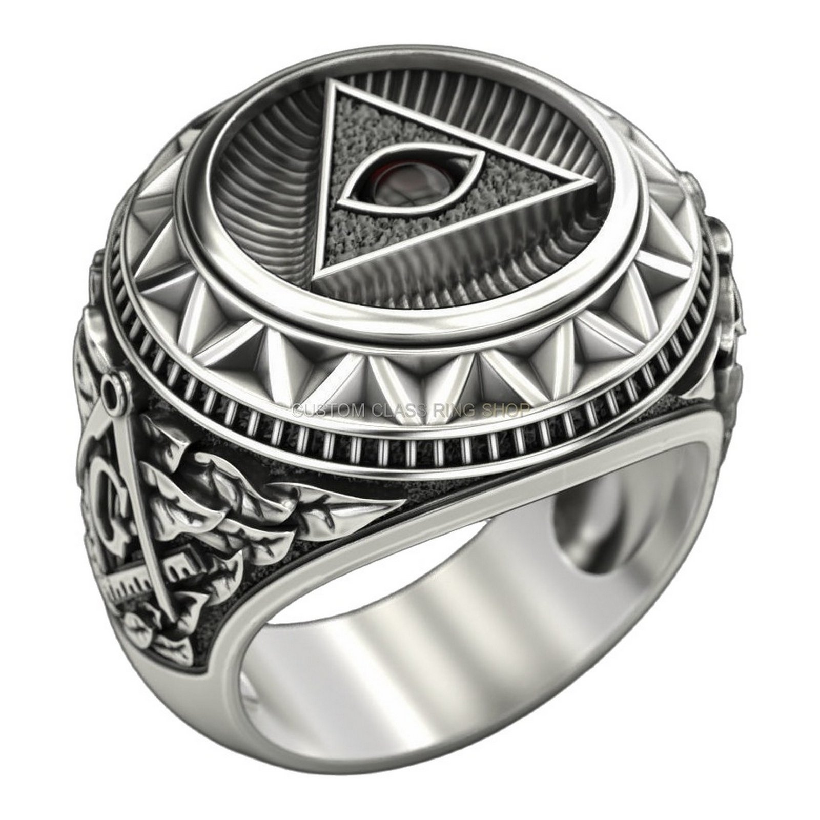 Sterling silver all seeing eye pyramid ring, angled profile view