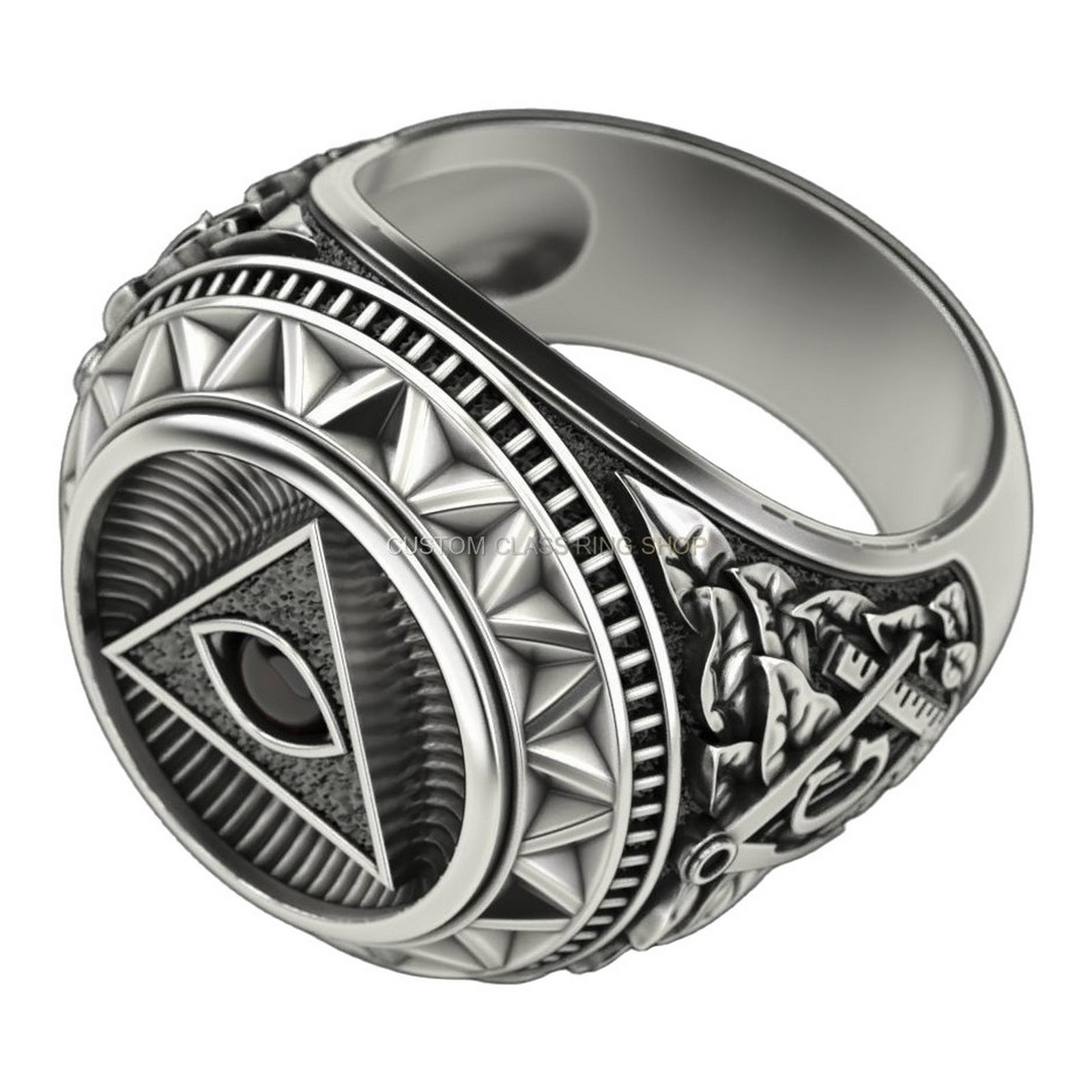 Sterling silver all seeing eye pyramid ring, band interior detail view