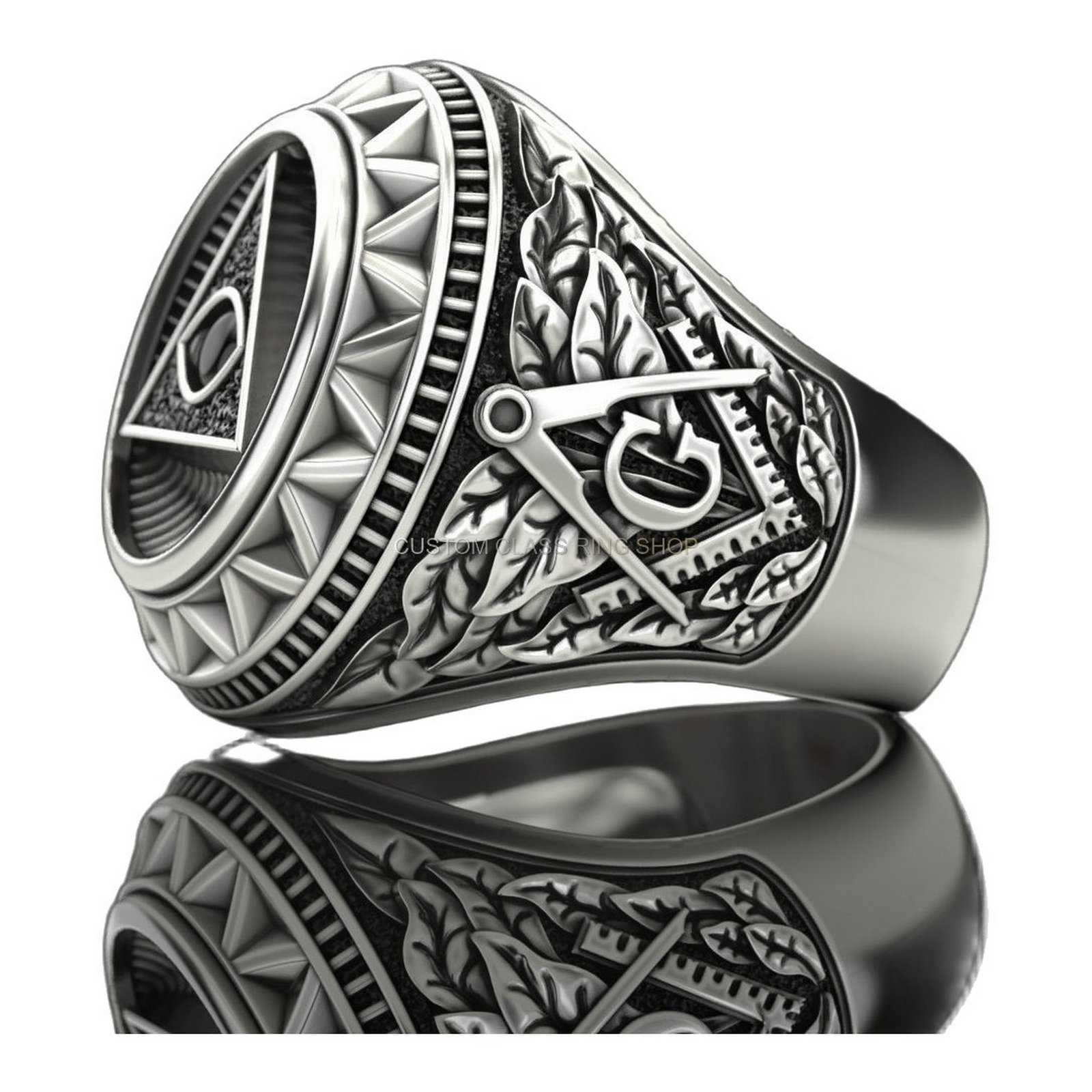 Sterling silver all seeing eye pyramid ring, side profile and shoulders